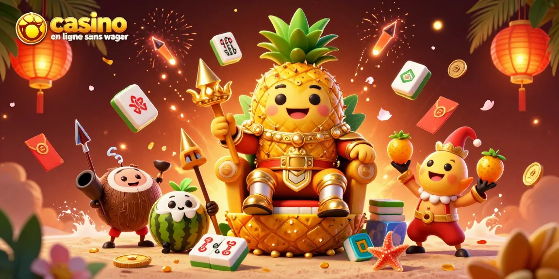 Jouez au casino en ligne sans wager avec le roi ananas et ses gardes sur une plage colorée.
