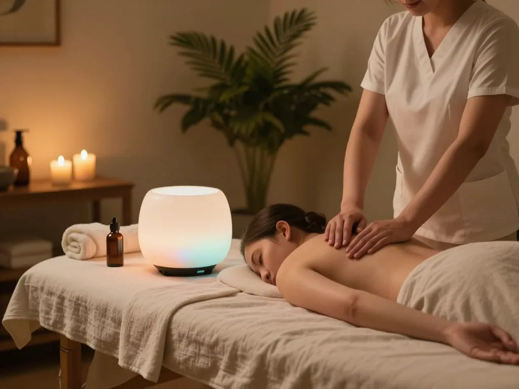 Tranquil massage therapy room showcasing 천안스웨디시 services with soothing ambiance.
