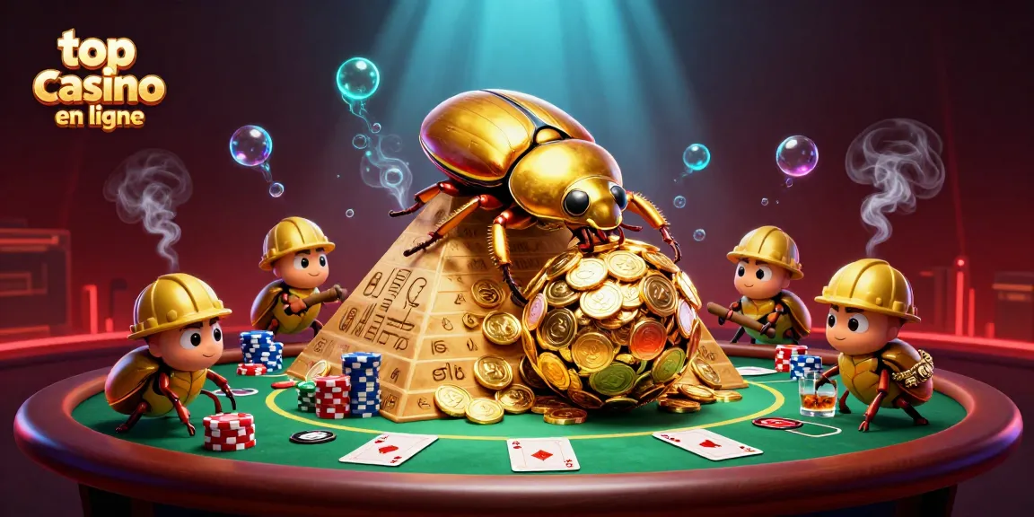 Les stratégies du top casino en ligne avec des insectes dorés et des éléments de poker animés.