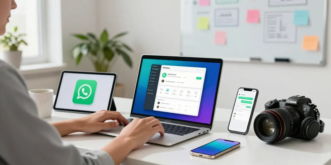 Engaging workspace for WhatsApp下載, showcasing digital devices and modern office setup.