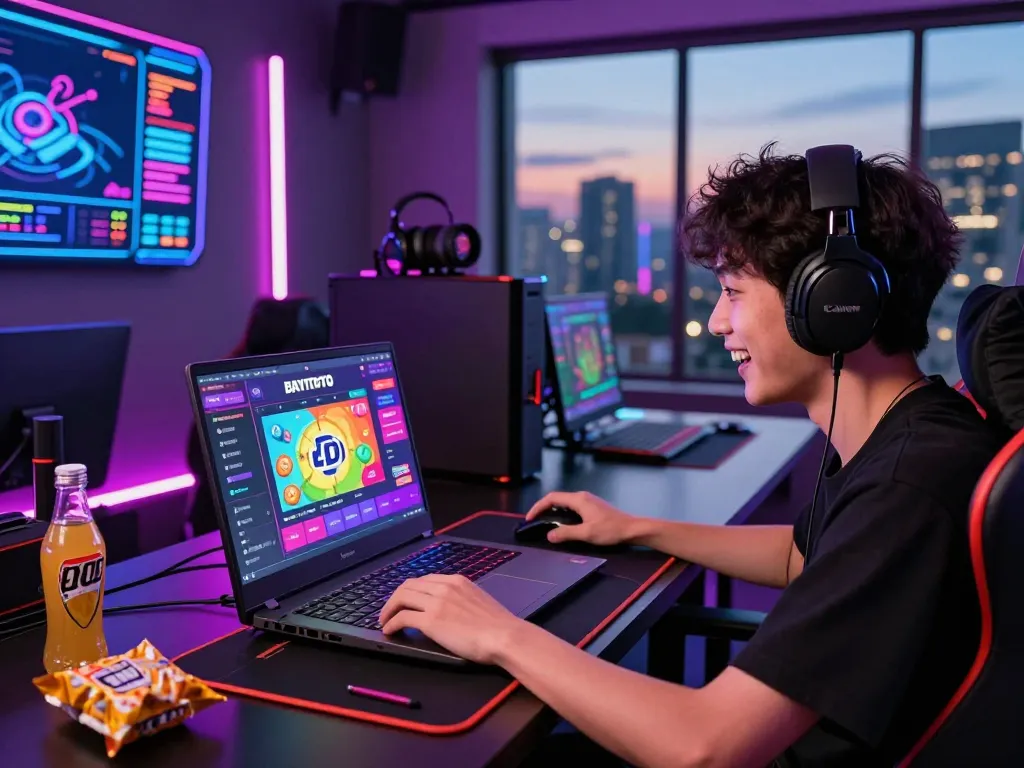 Player exploring BAYITOTO Toto Togel 4D platform in vibrant gaming setting.
