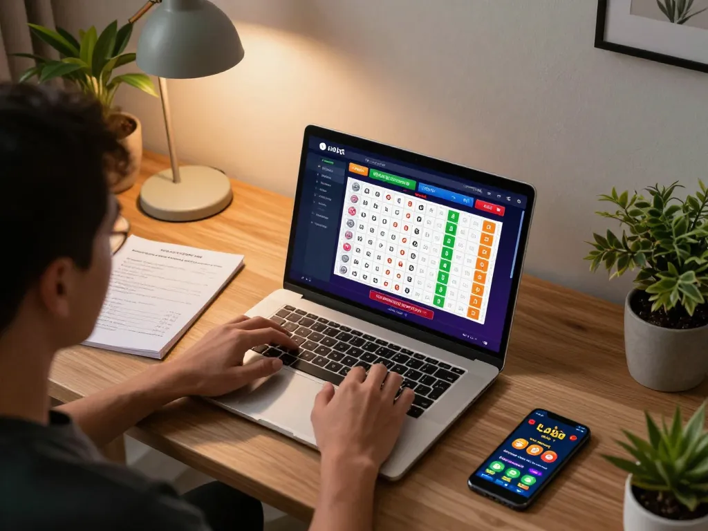 Lô đề online gameplay on a laptop showing betting options, with stylish home office ambiance.
