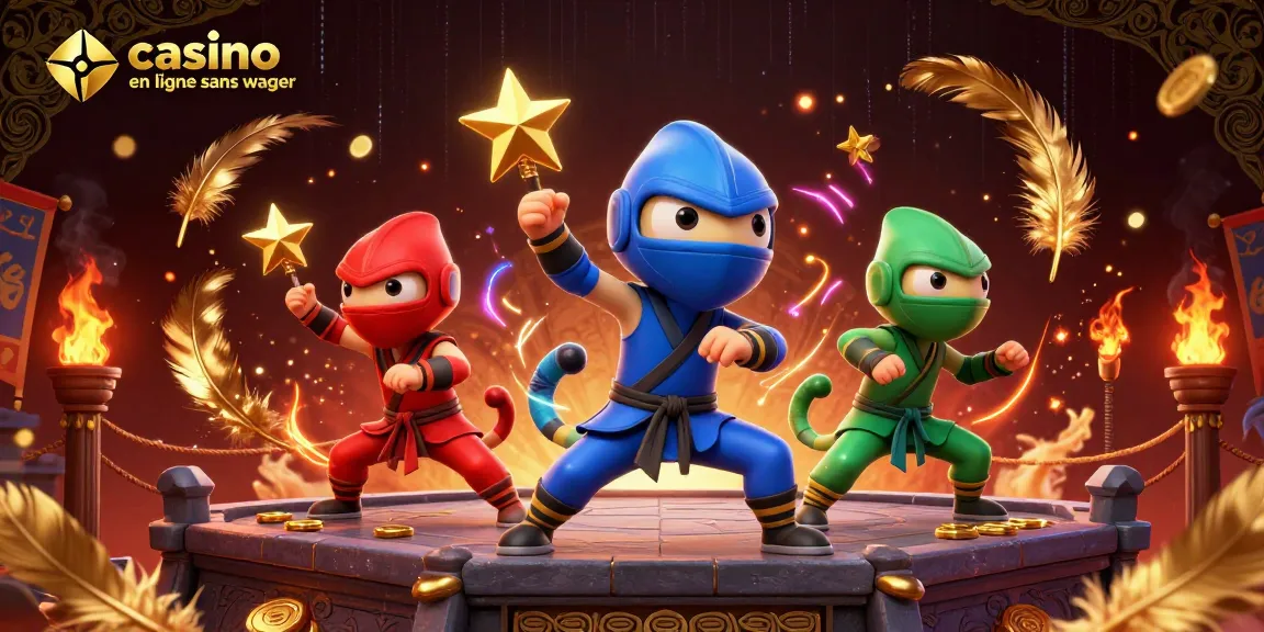 Les ninjas caméléons synchronisés illustrent le casino en ligne sans wager avec des effets de jeu et d'animation.