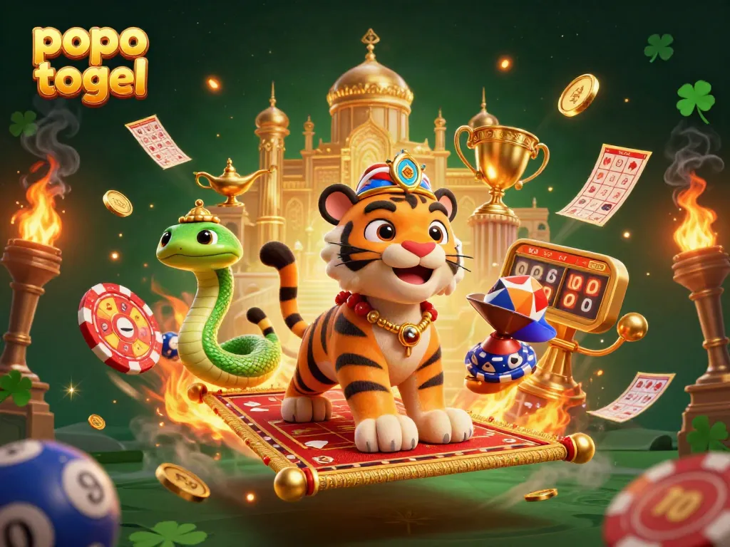 Menang di popo togel dengan ilustrasi menarik yang menggambarkan karakter dan elemen lotere.
