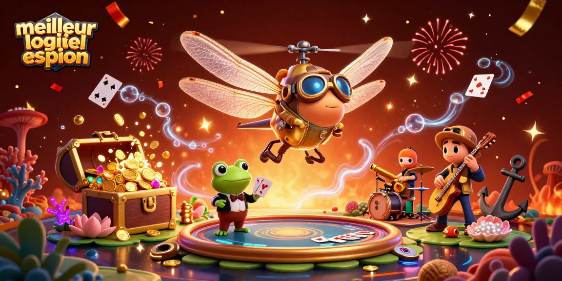 Meilleur logiciel espion : des jeux de casino animés avec un pilote de libellule et un croupier grenouille.