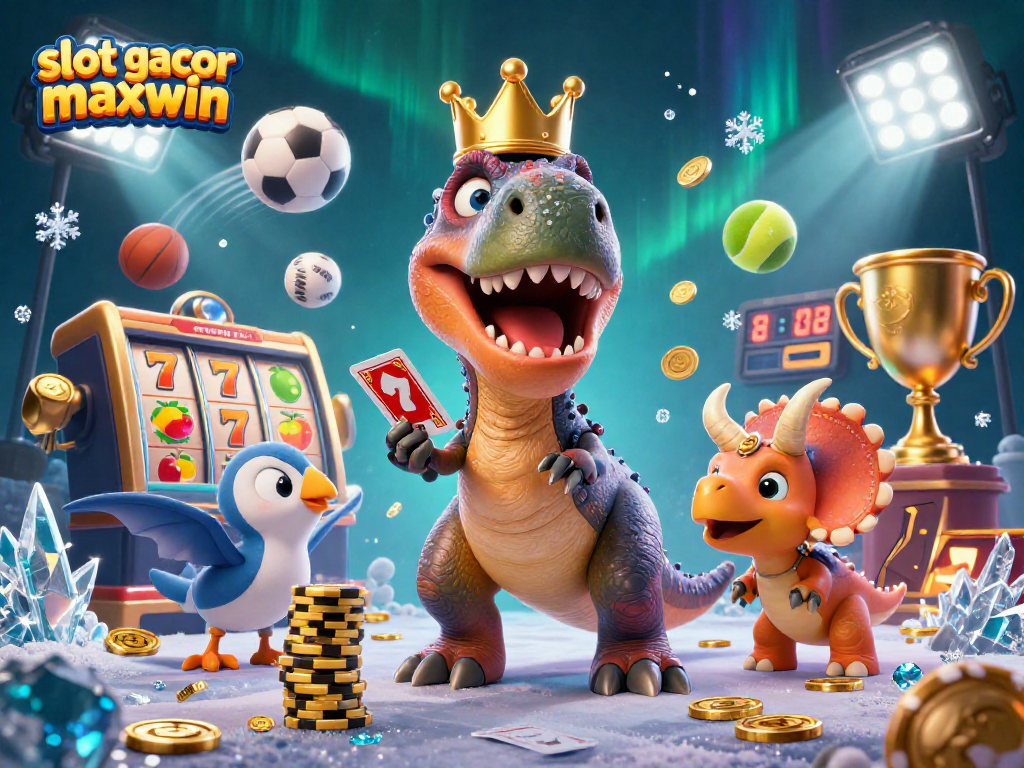 Engage with slot gacor maxwin in vibrant 3D illustration featuring animated dinosaurs and casino elements.