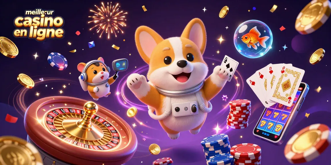 Illustration dynamique présentant le meilleur casino en ligne avec des personnages 3D en pleine action.