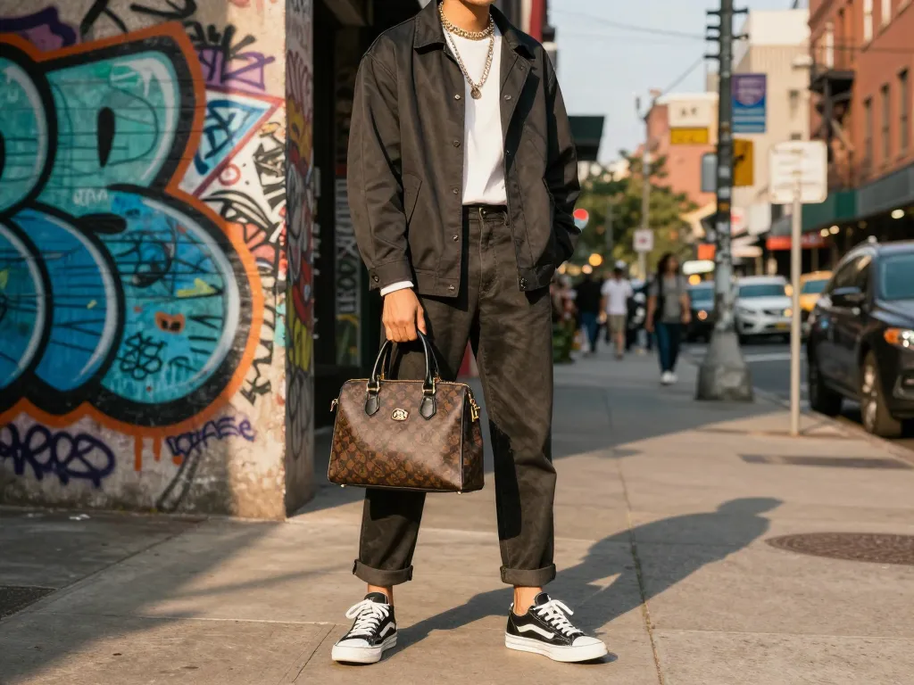 Model showcasing stylish outfit at a 레플리카 사이트 in a vibrant urban setting.