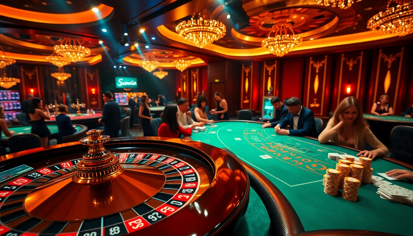 Players enjoying high-stakes poker at a luxurious table featuring sunwin chips and cards.