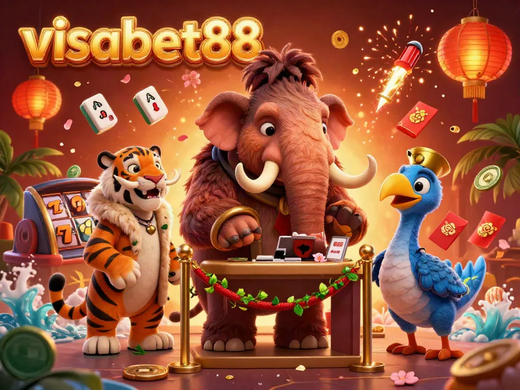 Experience the vibrant casino atmosphere at visabet88 with characters and festive gaming elements!