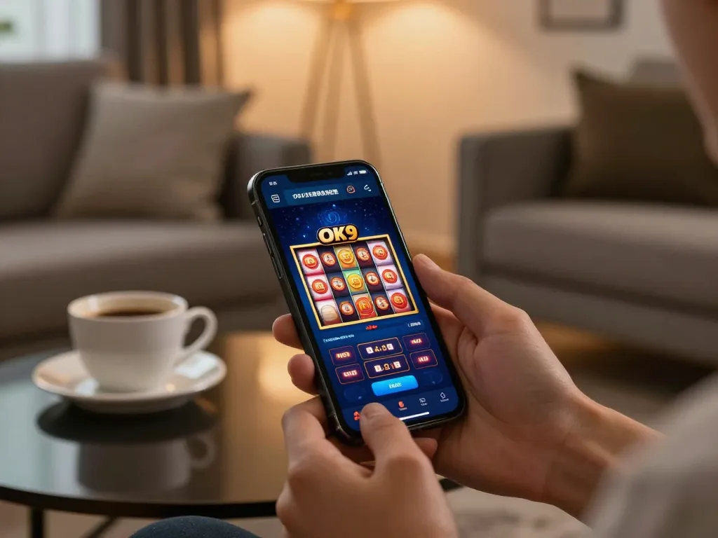 Engaging with the OK9 casino app on a smartphone while relaxing at home.