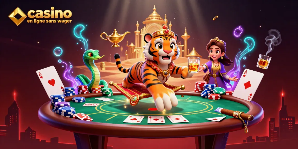Illustration dynamique de l'univers du casino en ligne sans wager, avec un sultan en tigre et des éléments de poker.