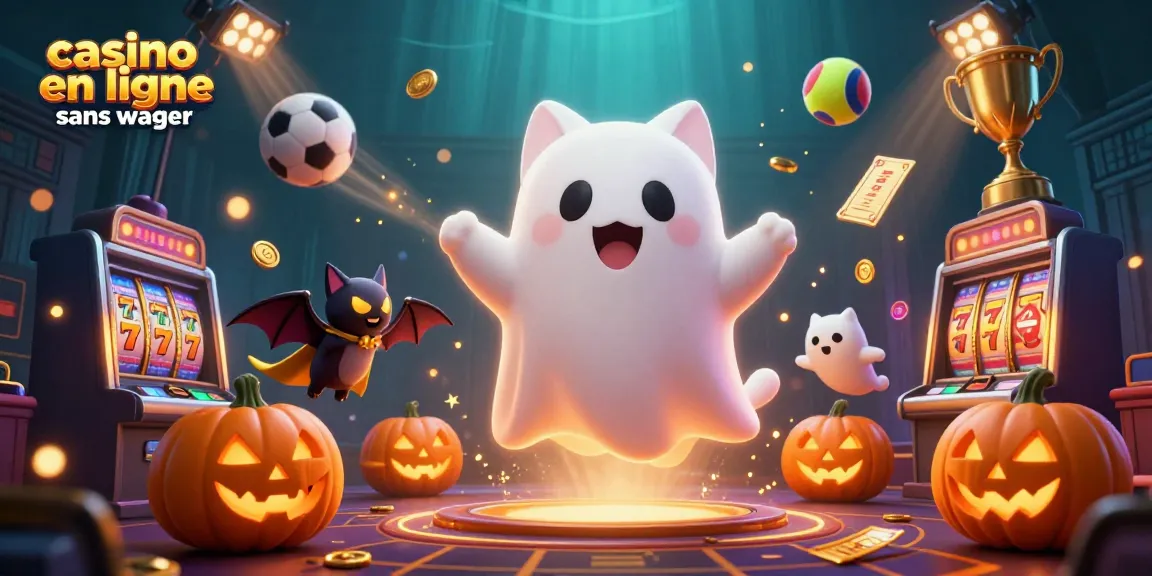 Illustration de casino en ligne sans wager avec un chat fantôme amical et des éléments de jeu captivants.