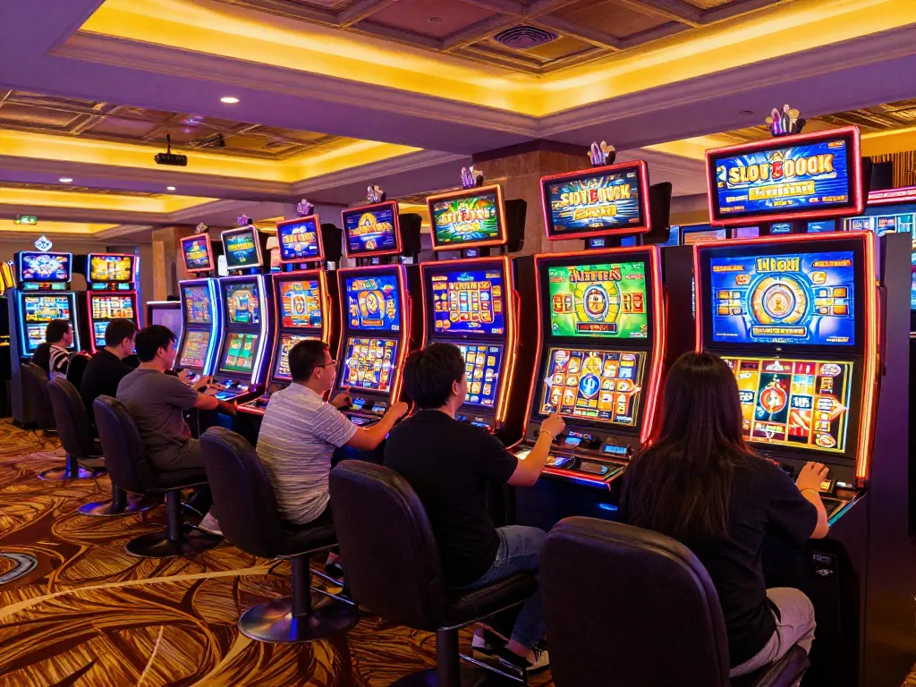 SLOT6000 players engaging with vibrant slot machines, celebrating a jackpot win in a modern casino.