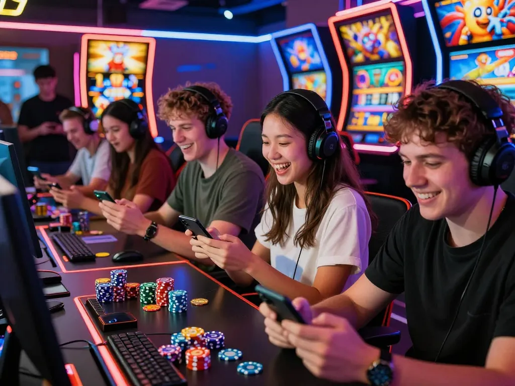 Players enjoying vibrant slot games at vegasslot77.com in a lively casino-like atmosphere.