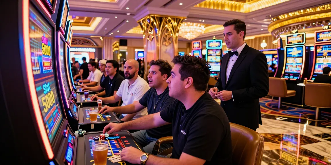 A high-stakes slot 5000 machine surrounded by excited players in a luxurious Las Vegas casino.