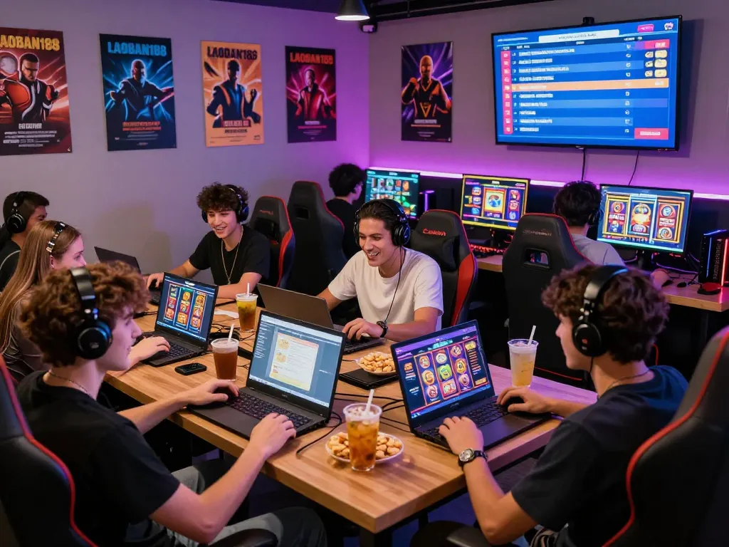Pemain menikmati slot online LAOBAN188 di lounge permainan yang meriah penuh dengan kegembiraan dan interaksi.