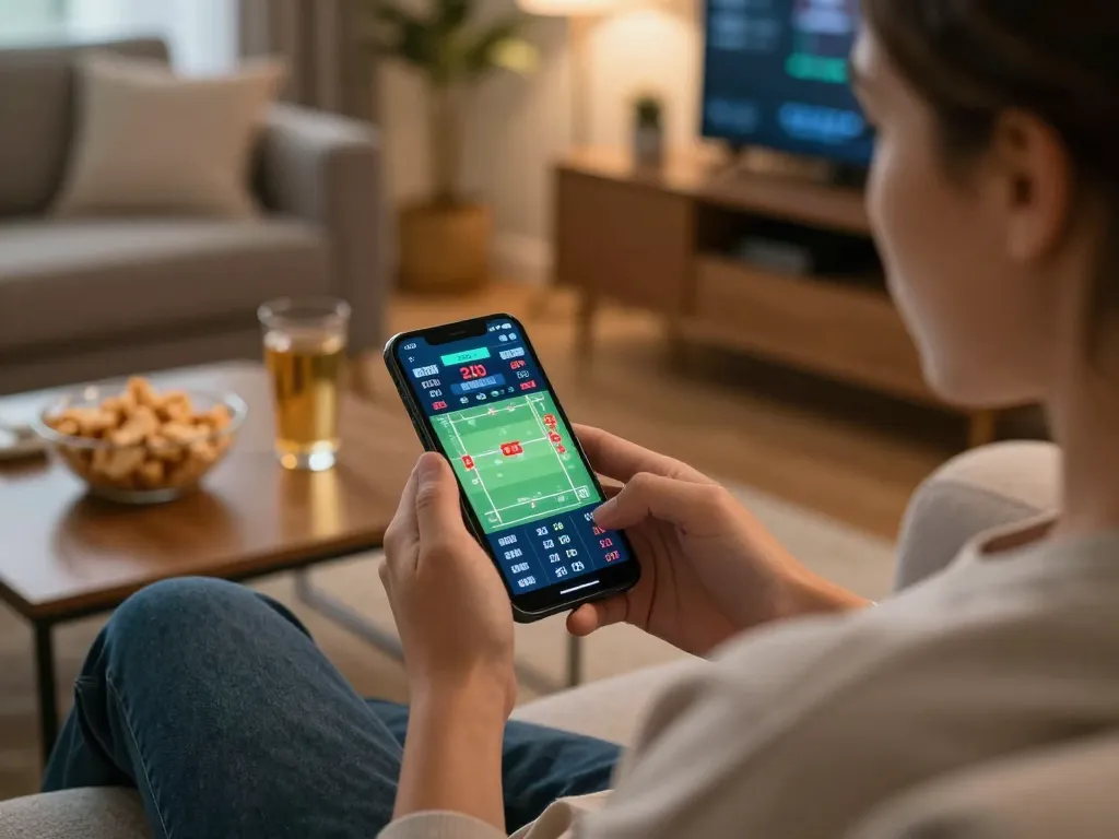 Engaging in sports betting on HB88 from a cozy living room, showcasing responsible online gambling.