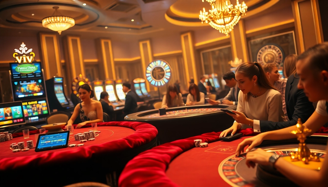 Khela88 VIP players enjoying a luxurious casino experience with poker chips, tables, and online interfaces.