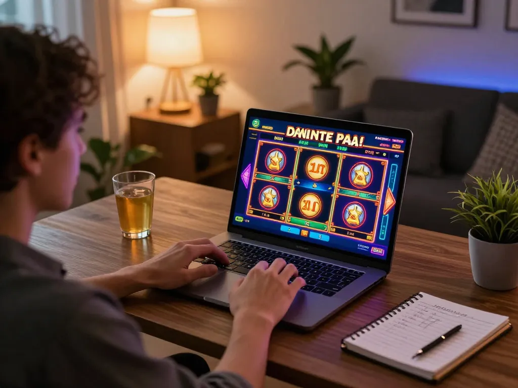 Engaging in an online toto game with vibrant graphics on a laptop at a cozy desk.