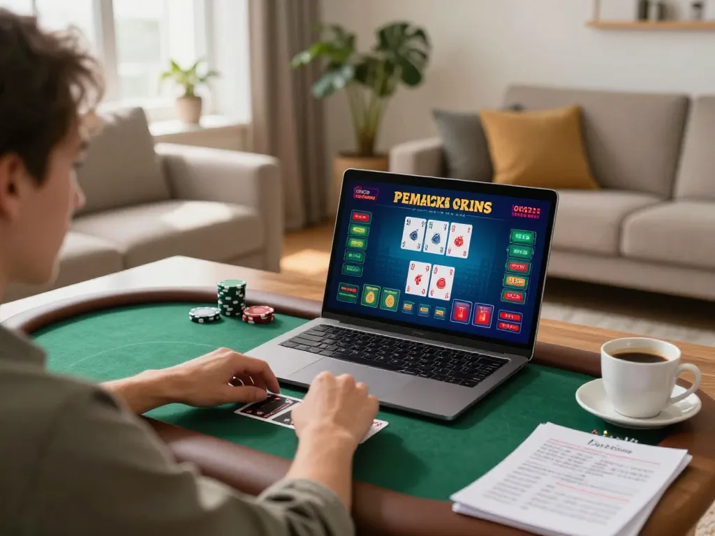 Engaging with an online poker game at home, 88i strategies visible on screen.