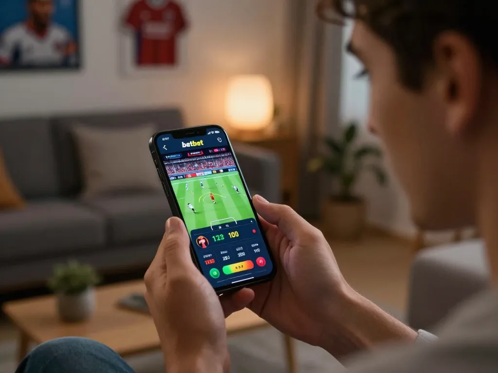 betbet user engaging in live sports betting on a smartphone app in a cozy living room.