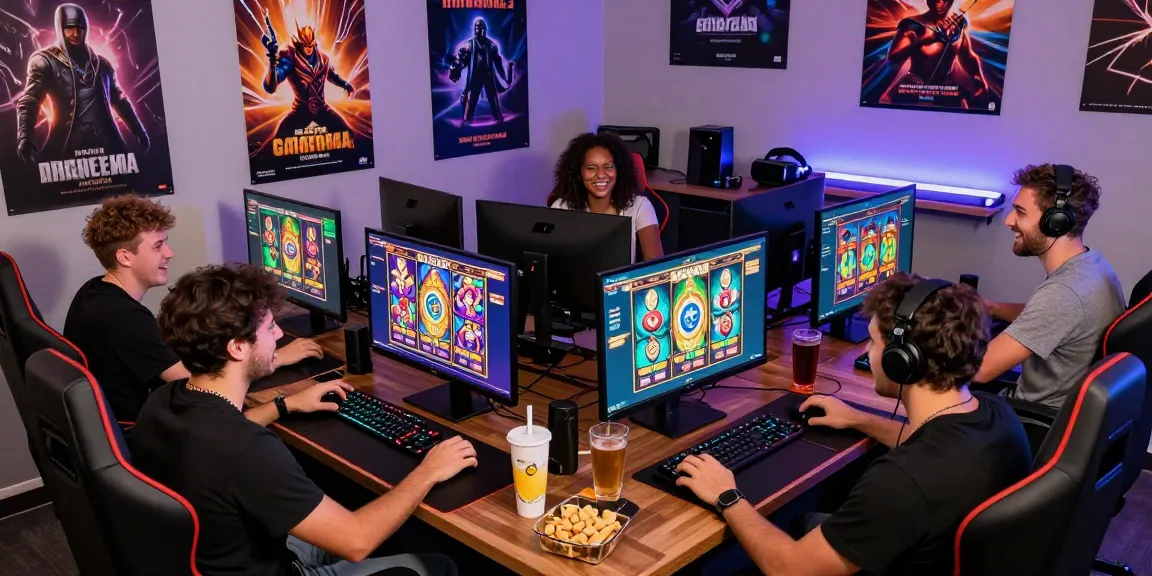 Exciting friends enjoying the garuda303 slot game in a vibrant gaming setup with colorful screens and snacks.