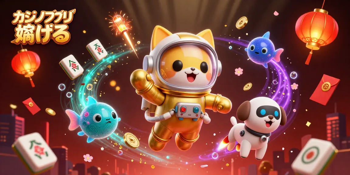 カジノアプリで稼げるに最適な宇宙猫とロボット犬が描かれた立体的なイラスト
