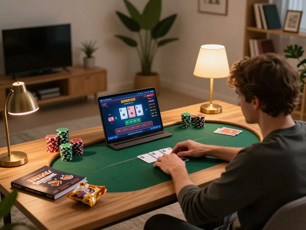 Player engaging in online poker gameplay at home, featuring the uu88ae platform and strategic betting.