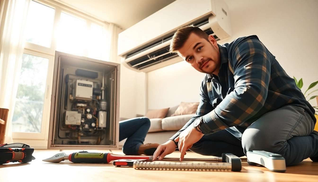 HVAC Repair Tampa technician fixing an air conditioning system with tools in a sunlit home.