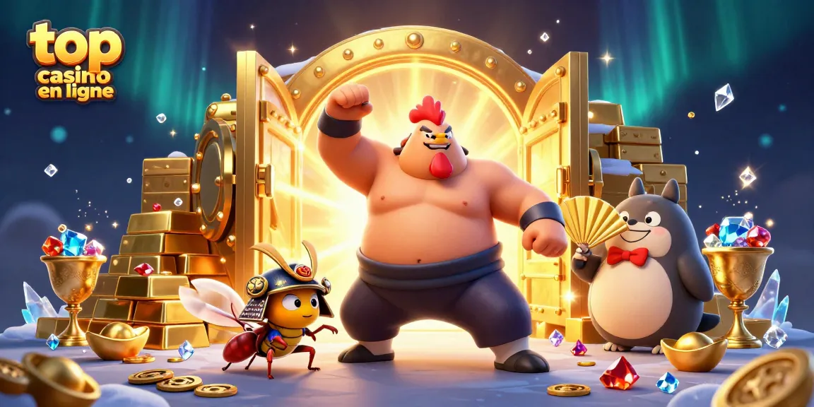 Visuel dynamique illustrant le meilleur casino en ligne avec un combat de sumo et un cricket samouraï.