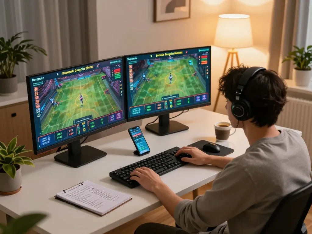 Bongdalu sports betting setup with a player analyzing odds and data on dual screens