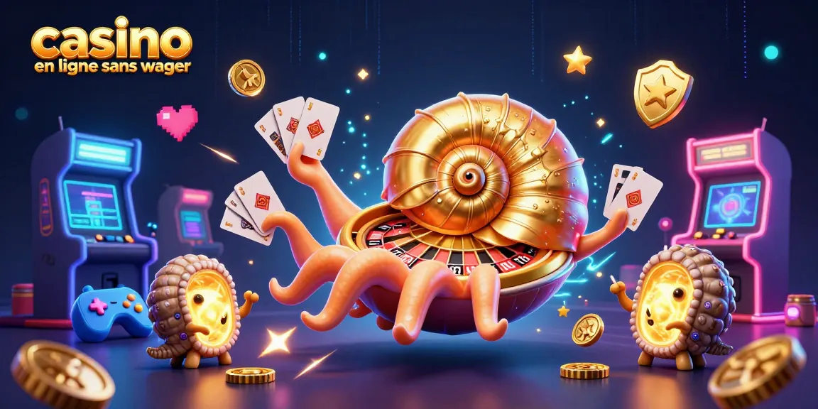 Illustration 3D d'un casino en ligne sans wager, avec un nautile géant et des machines de jeux lumineuses.