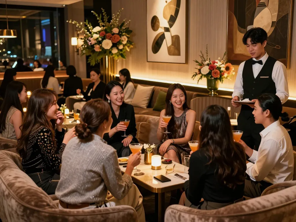 Gangnam쩜오 luxurious nightlife atmosphere with upscale patrons enjoying elegant cocktails in a plush lounge setting