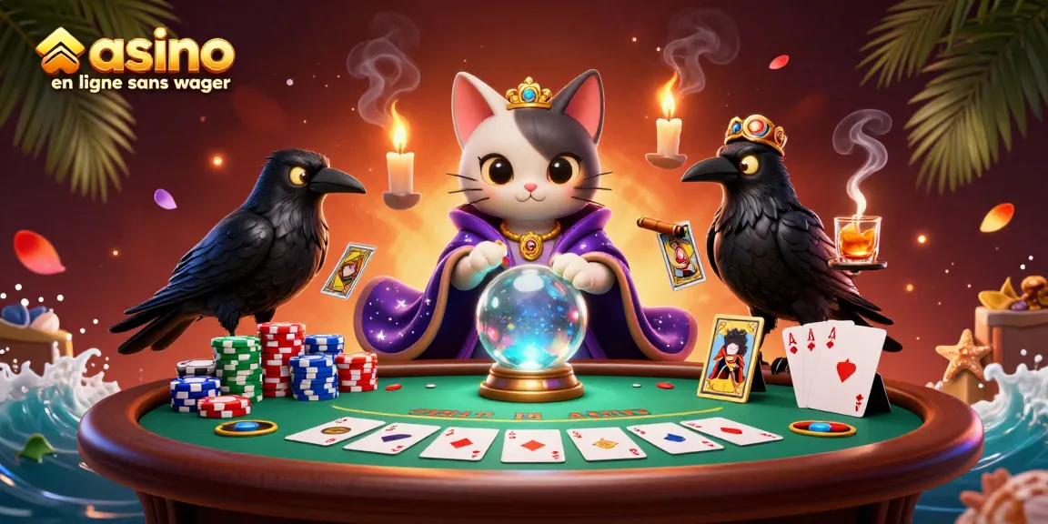 Visualisez un casino en ligne sans wager avec un chat mystique, un corbeau et des éléments fascinants de jeu.