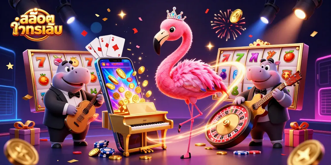Experience สล็อตทดลองเล่น with vibrant characters and dynamic slot game elements in a lively casino scene.
