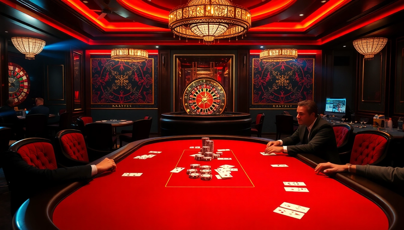 Excited players at a SHBET poker table, immersed in high-stakes gameplay with vibrant casino decor.