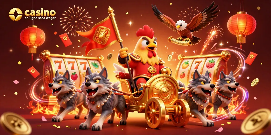 Profitez de l'expérience du casino en ligne sans wager avec ce seigneur coq guerrier et ses éléments festifs.