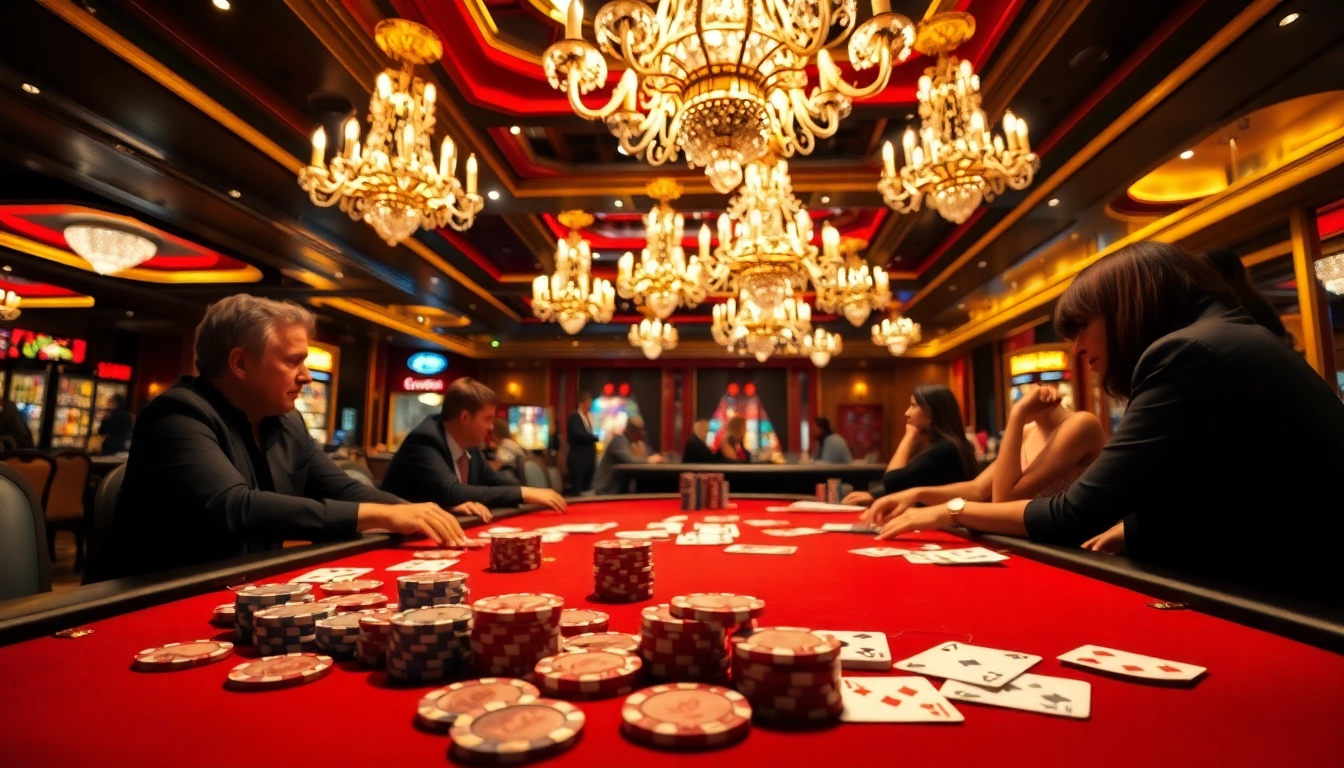 Permainan poker di bbni4d dengan suasana kasino yang glamour dan chip mengkilap.