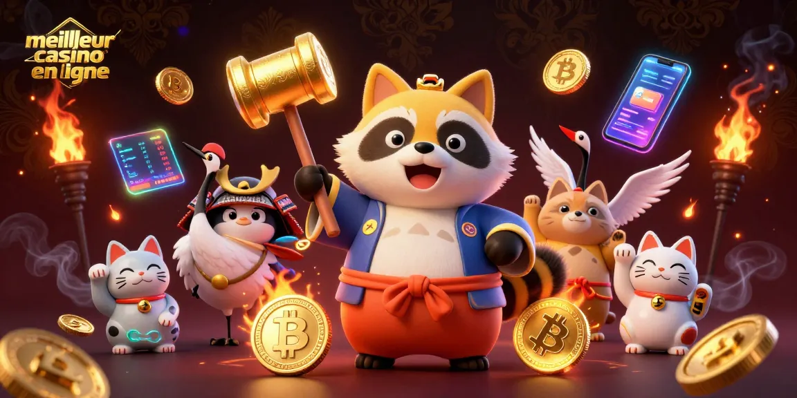 Découvrez le meilleur casino en ligne avec un tanuki chanceux et des chats maneki-neko animés, entourés de cryptomonnaies.