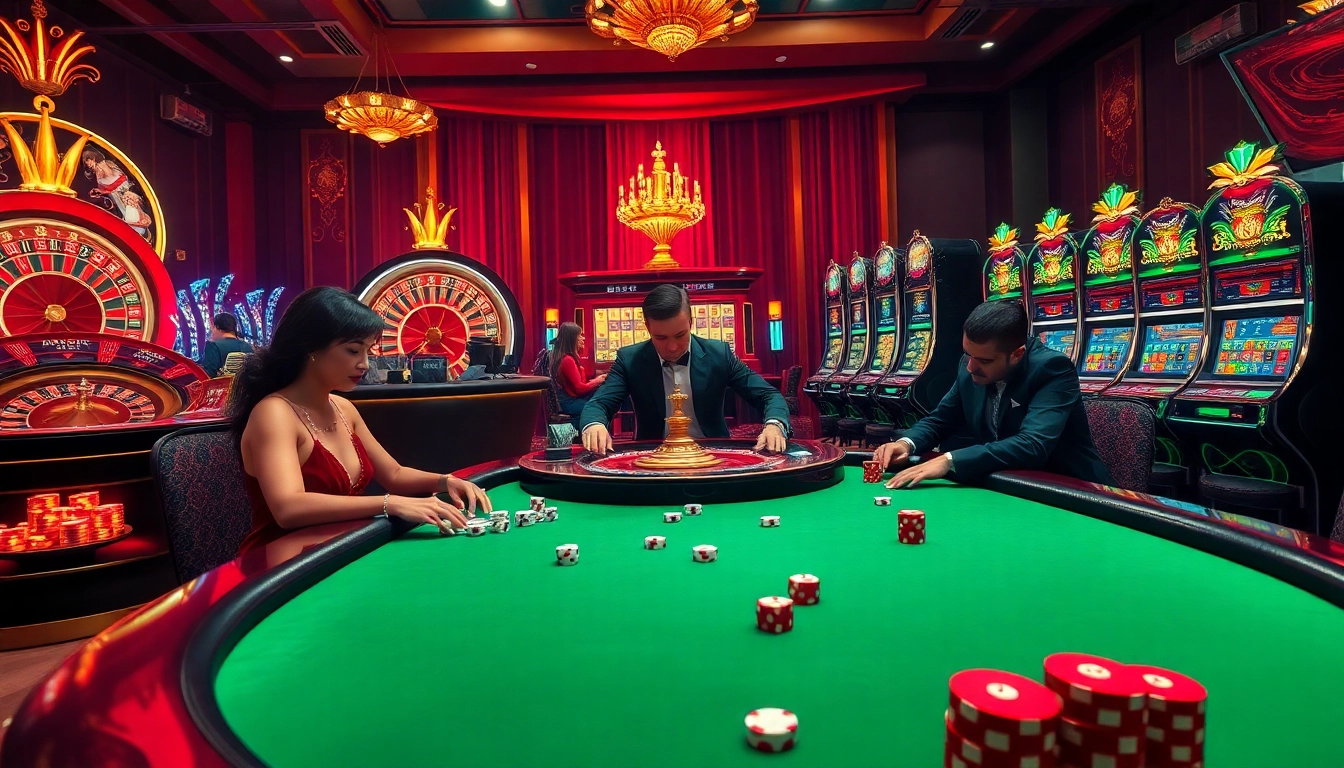Poker players enjoy a thrilling game at a luxury table in a vibrant go8 casino.