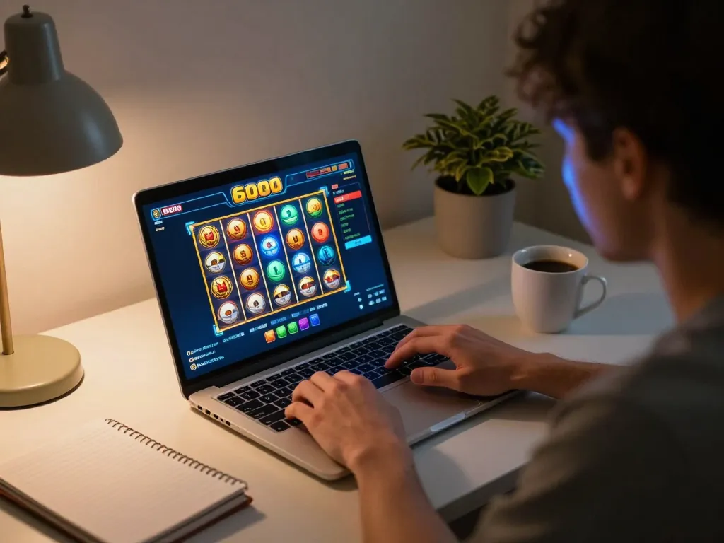 A player enjoying slot6000 online with animated gaming interface in a cozy home setting.