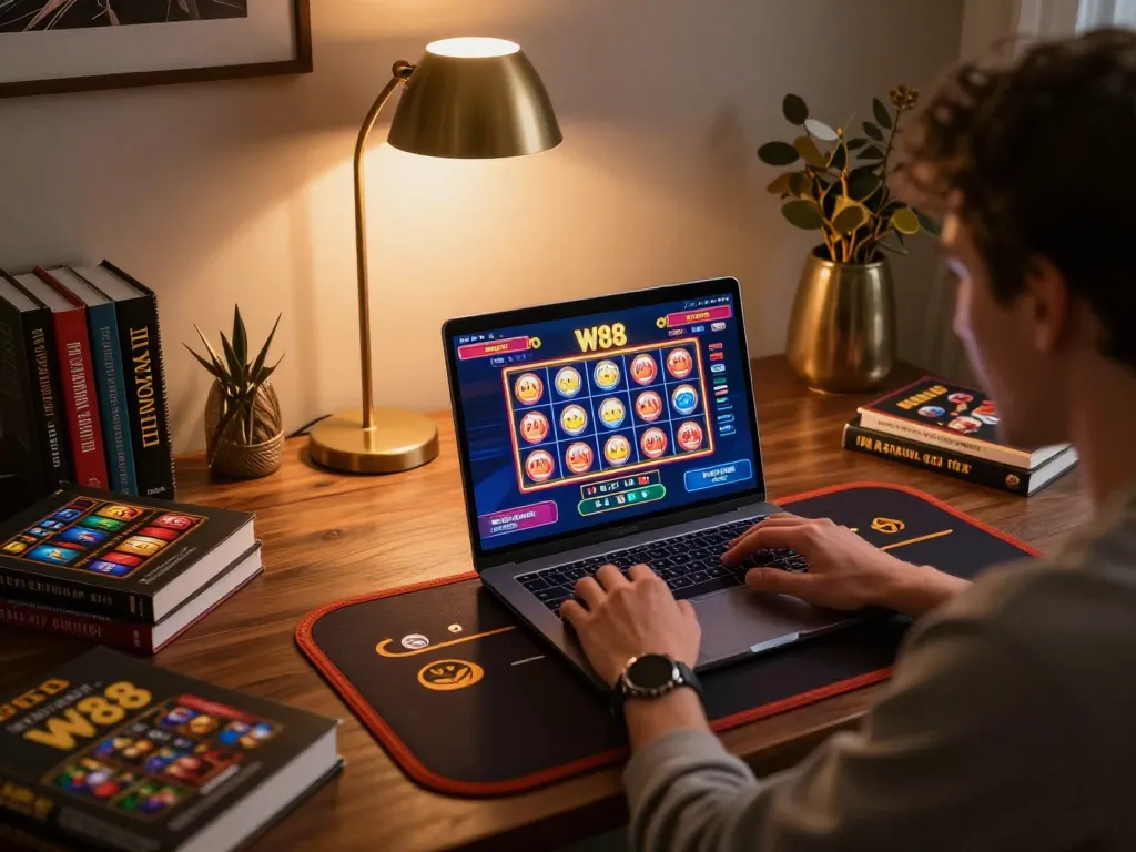 Engaging gameplay experience at W88 with person using laptop for online slots.