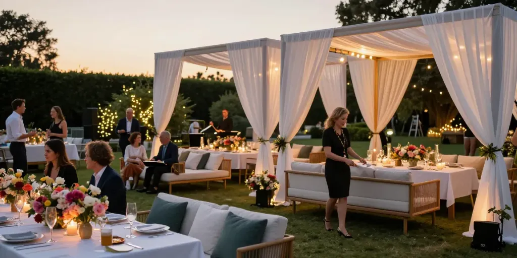 Event furniture rental showcased at a sunset wedding reception with elegant lounge furniture and decor.
