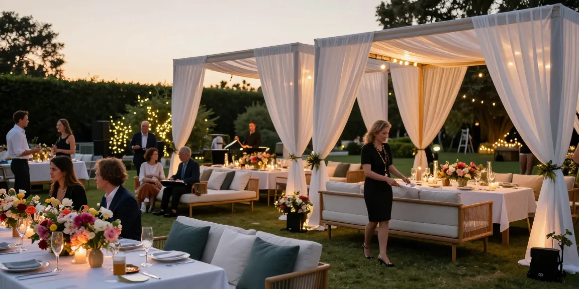 Event furniture rental showcased at a sunset wedding reception with elegant lounge furniture and decor.