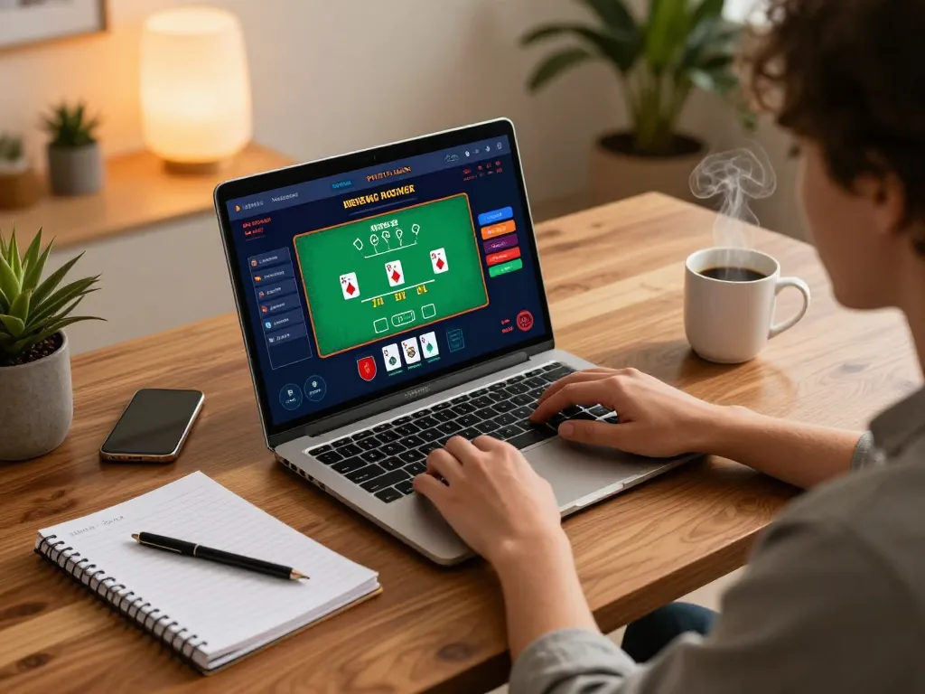 Player enjoying blackjack at home on 678vip, showcasing a laptop with engaging game interface and strategic notes