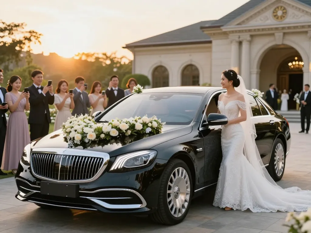 Trải nghiệm sự xa hoa với thuê xe cưới Mercedes cho buổi lễ cưới tuyệt đẹp, với một cặp đôi thanh lịch bên chiếc xe cưới lộng lẫy.