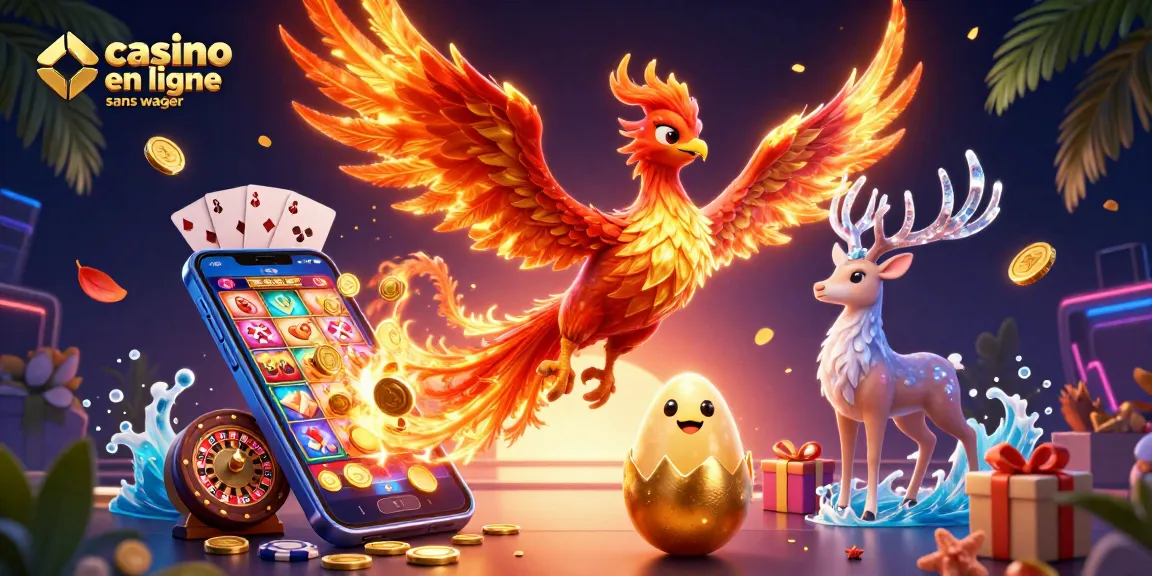 Admirez le phoenix enflammé et le smartphone dévoilant un casino en ligne sans wager captivant