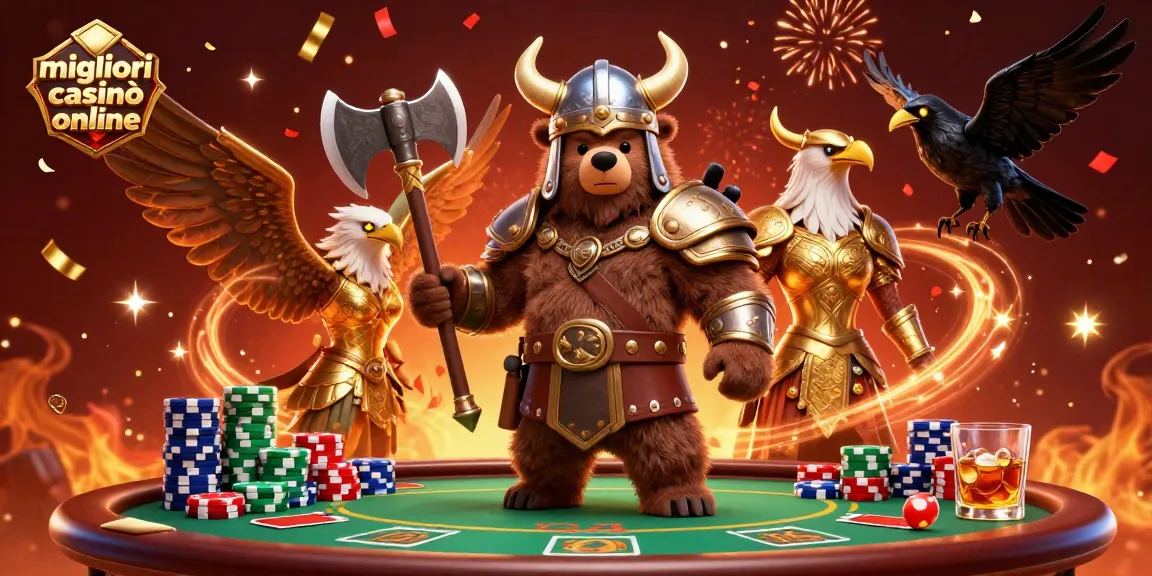 Scopri i migliori casinò online con un orso vichingo e un'aquila valchiria in un vivace ambiente di gioco.