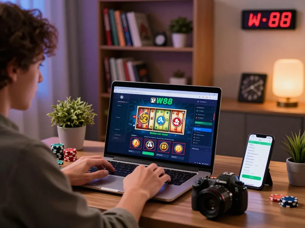 Engaging with Nhà Cái W88 online betting from a stylish home office.